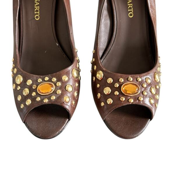 Franco Sarto Fanatic Heels Brown Studded Leather Peep Toe Stacked Heel Size 10M - Picture 13 of 14
